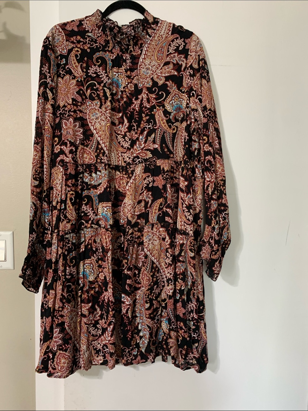 Anthropologie Black Paisley Tiered Long-Sleeve Mini Dress